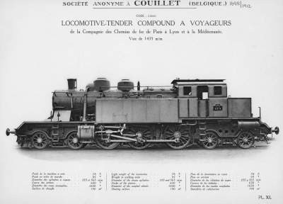 <b>Locomotive-tender compound à voyageurs</b><br>de la Compagnie des Chemins de fer de Paris à Lyon et à la Méditerranée<br>Voie de 1435 m/m